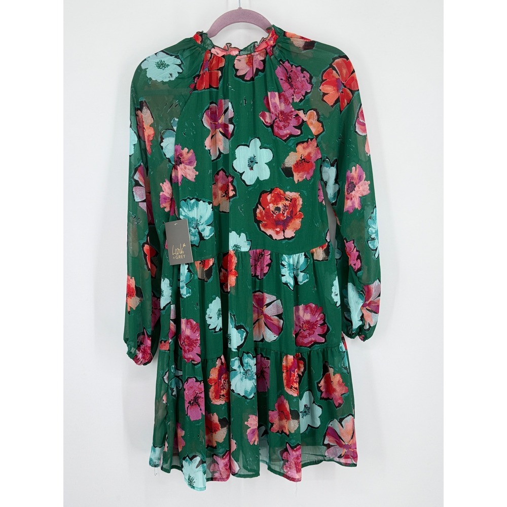Green Floral 90s Y2k Tiered New Babydoll Dress Ruffles Tie Long Sleeve Small - Picture 2 of 9